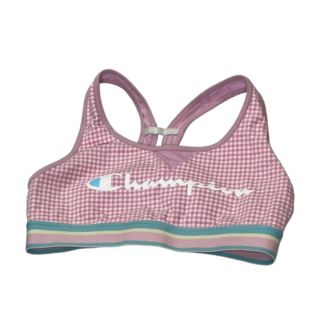Champion Intimates Womens Active Sports Bra Medium Pink Gingham Logo Racer Back